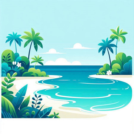 Tropical beach with palm trees and sea. Vector illustration.のイラスト素材