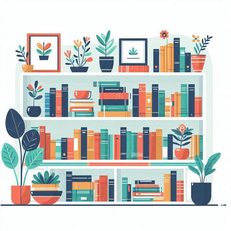 Bookshelf with books and plants. Flat style vector illustration.のイラスト素材