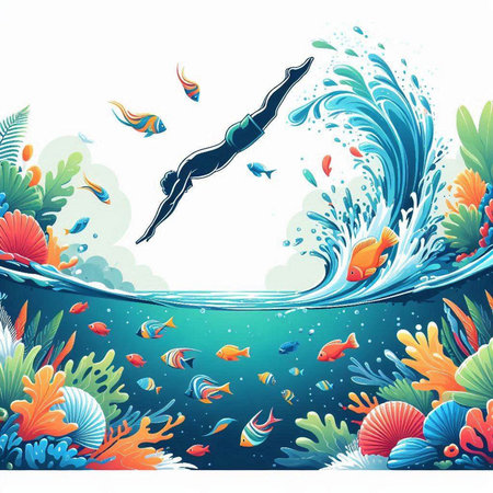 Vector illustration of a swimmer on the background of the sea and the coral reefのイラスト素材