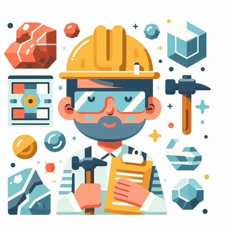 Cartoon construction worker with tools and equipment. Vector illustration in flat styleのイラスト素材