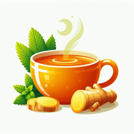 Cup of tea with mint and ginger on a white background.のイラスト素材