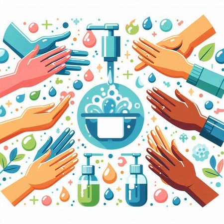 Hands washing with soap and sanitizer. Vector illustration.のイラスト素材