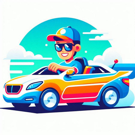 Cartoon boy driving a car on the beach. Vector illustration.のイラスト素材
