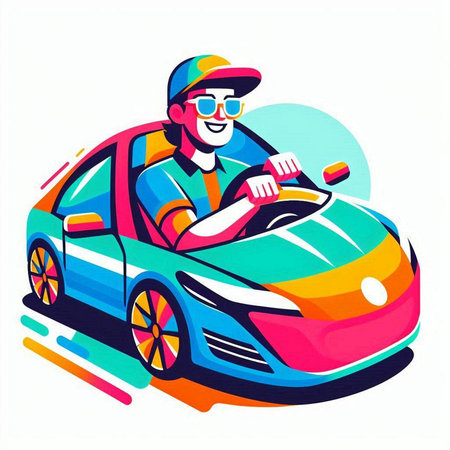 Vector illustration of a man driving a sports car. Funny cartoon character.のイラスト素材
