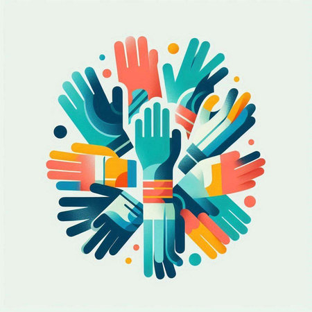 Teamwork concept. Multicolored hands in circle. Vector illustration.のイラスト素材