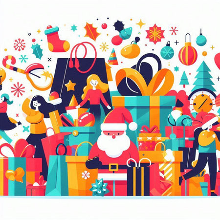 Merry Christmas and Happy New Year greeting card with Santa Claus and presents. Vector illustrationのイラスト素材