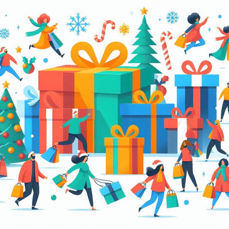 Merry Christmas and Happy New Year. People with shopping bags and gift boxes. Vector illustrationのイラスト素材