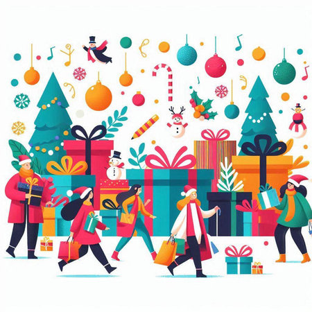 Vector illustration of Christmas and New Year concept with people walking in the cityのイラスト素材