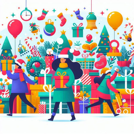 Vector illustration of people with Christmas gifts in flat style. Happy New Year and Merry Christmas.のイラスト素材