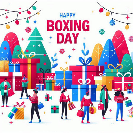 Happy Boxing Day. People with shopping bags and gift boxes. Vector illustration.のイラスト素材