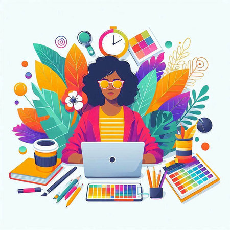 Vector illustration of a young woman working on a laptop at home.のイラスト素材