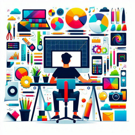 Vector illustration of graphic designer working at his desk in office. Flat design.のイラスト素材