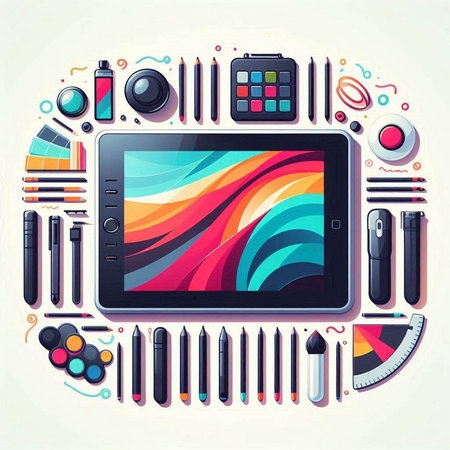 Vector illustration of modern digital tablet with colorful graphic elements on white backgroundのイラスト素材