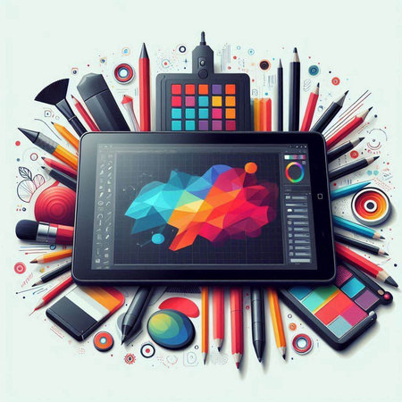 Tablet computer with colorful graphics and stationery. Vector illustration.のイラスト素材