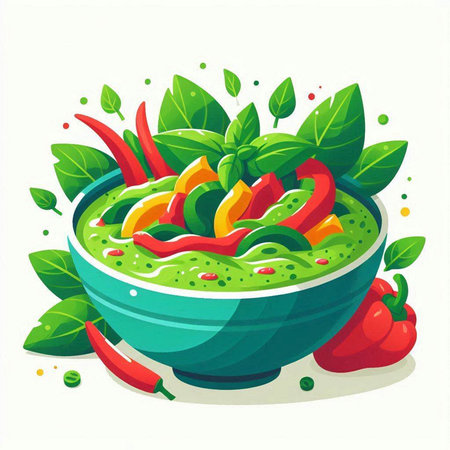 Vector illustration of a bowl of fresh basil pesto with chili peppers and basil leavesのイラスト素材