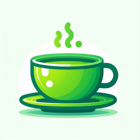 Green cup of tea or coffee on a saucer. Vector illustrationのイラスト素材