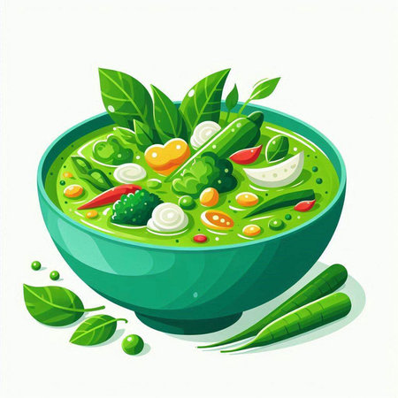 Green curry with vegetables and herbs in a bowl. Vector illustration.のイラスト素材