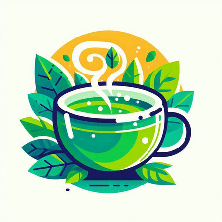 Green tea cup with green leaves. Vector illustration in flat style.のイラスト素材