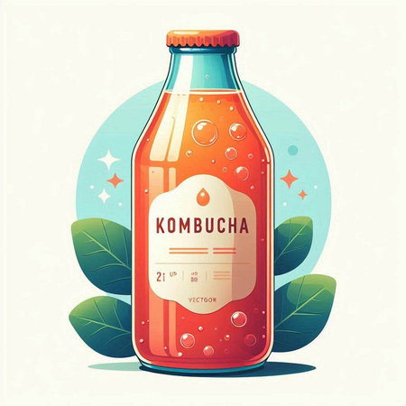 Kombucha drink in a glass bottle. Vector illustration in flat style.のイラスト素材