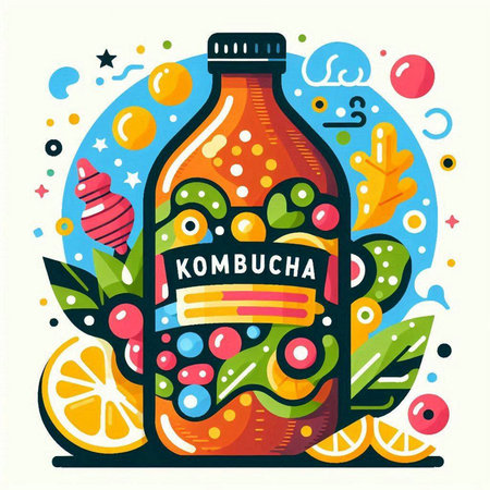 Hand drawn vector illustration of a bottle of kombucha. Isolated on white background.のイラスト素材