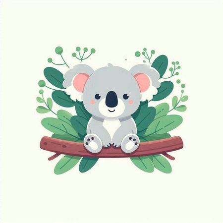 Cute koala sitting on a branch with leaves. Vector illustrationのイラスト素材