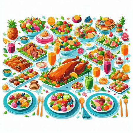 Vector illustration of a holiday table with a turkey, fruits and vegetables.のイラスト素材