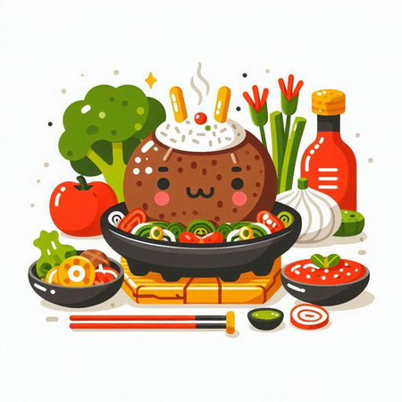 Kawaii japanese food in wok. Vector illustrationのイラスト素材