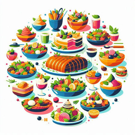 Vector illustration of a set of different types of fruit salad in a round shapeのイラスト素材