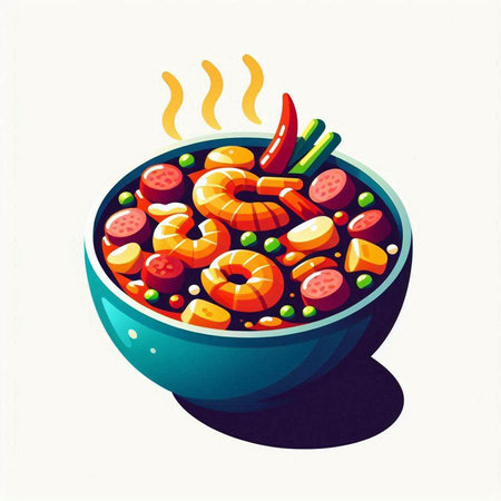 Soup with shrimps and vegetables in a bowl. Vector illustration.のイラスト素材
