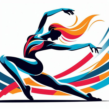 Illustration of a female ballet dancer with colorful lines in the backgroundのイラスト素材