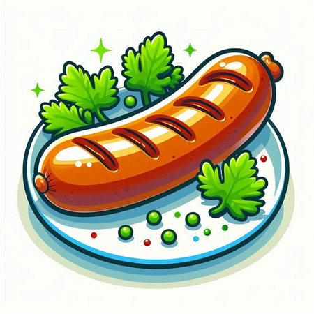 Grilled sausages on a plate with parsley. Vector illustrationのイラスト素材