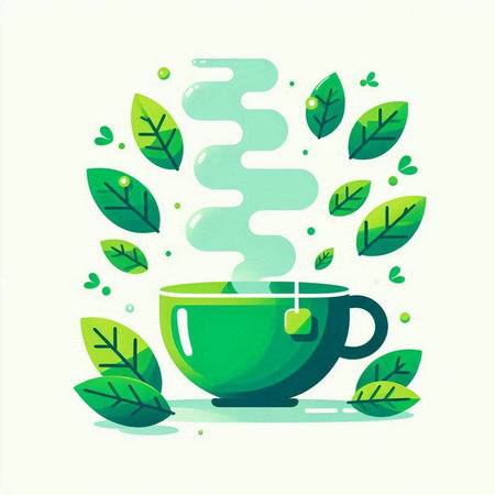 Green tea cup with tea bag and green leaves. Vector illustration.のイラスト素材