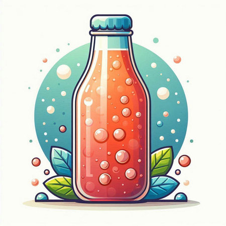 Bottle of tomato juice with bubbles and leaves. Vector illustration.のイラスト素材