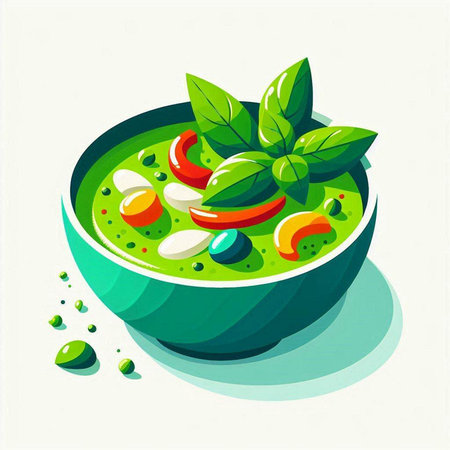 Basil soup with fresh basil leaves in a bowl, vector illustrationのイラスト素材