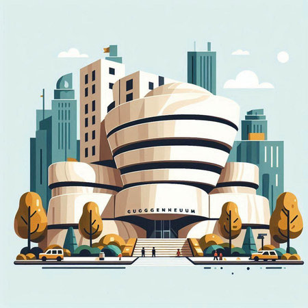 Modern office building. Vector illustration in flat style. City landscape with skyscrapers.のイラスト素材