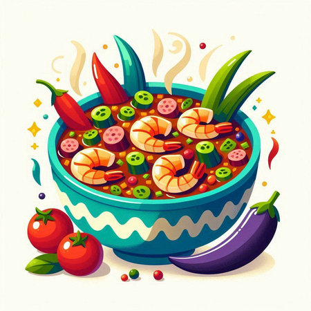 Illustration of a bowl of spicy soup with shrimps and vegetablesのイラスト素材