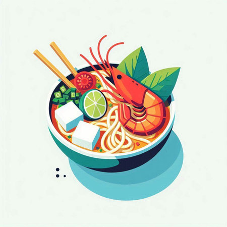 Noodle soup with shrimps. Vector illustration in flat style.のイラスト素材