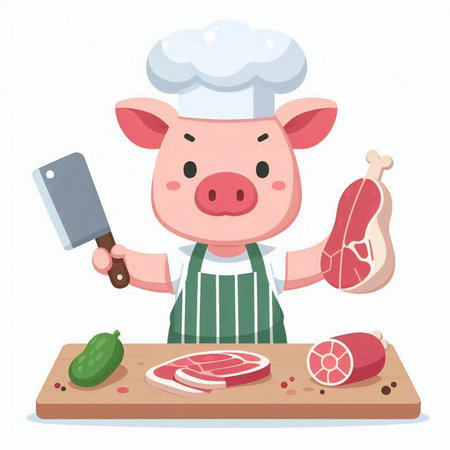 Vector illustration of a pig in chef hat and apron preparing meat.のイラスト素材