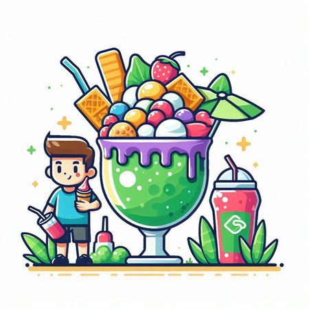 Cute boy eating ice cream in a glass. Vector illustration.のイラスト素材