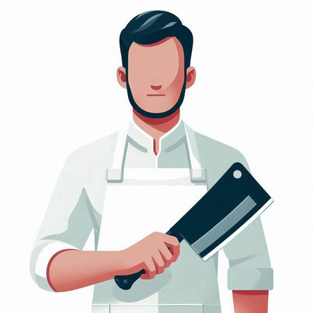Man in a white apron with a meat cleaver. Vector illustration.のイラスト素材