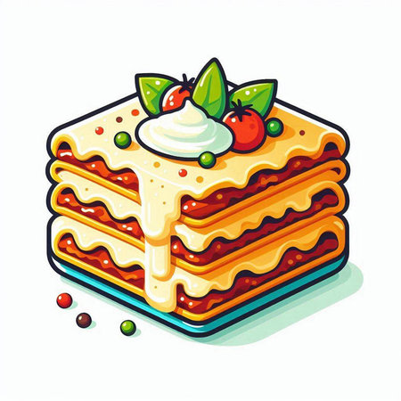Illustration of a stack of lasagna with strawberries and cream on a white backgroundのイラスト素材