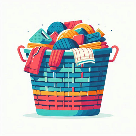 Laundry basket with cleaning products. Vector illustration in cartoon styleのイラスト素材