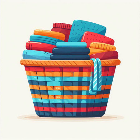 Wicker basket full of clothes. Vector illustration in cartoon style.のイラスト素材