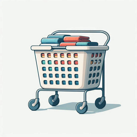 Shopping cart with a pile of clothes in it. Vector illustration.のイラスト素材