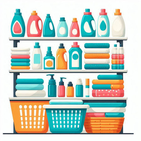 Shopping basket with cosmetics and products. Vector illustration in cartoon styleのイラスト素材