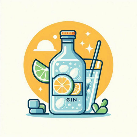 Vector illustration of a bottle of lemonade with lime and ice cubes.のイラスト素材