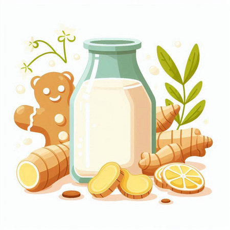 Ginger milk in glass bottle with ginger root, lemon and ginger root. Vector illustration.のイラスト素材