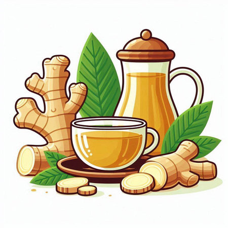 Cup of ginger tea with ginger root and teapot vector illustration.のイラスト素材