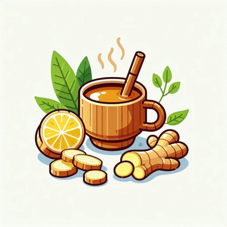 Cup of tea with ginger, lemon and cinnamon. Vector illustration.のイラスト素材