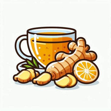 Cup of ginger tea with lemon and ginger root. Vector illustration.のイラスト素材